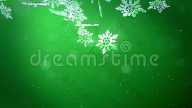 美丽的3d雪花在夜晚落在绿色的背景上。 用作圣诞、新年贺卡或冬季动画